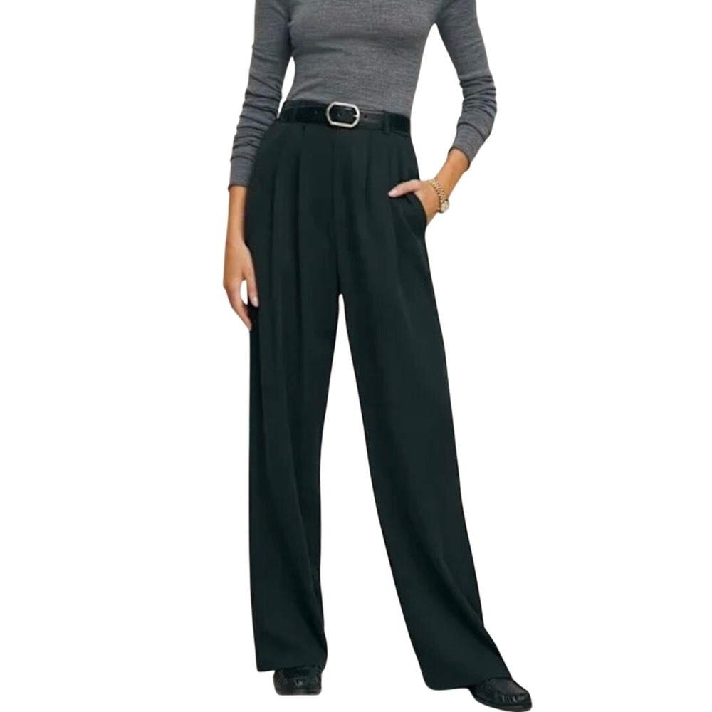 Reformation Mason Pant Black Pleated Wide Leg High Rise Trousers 2P